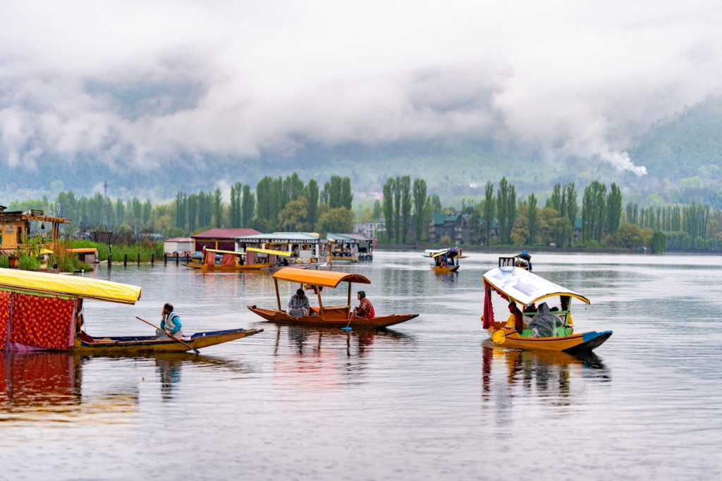 Colourful shikaras on Dal Lake with misty mountains beyond