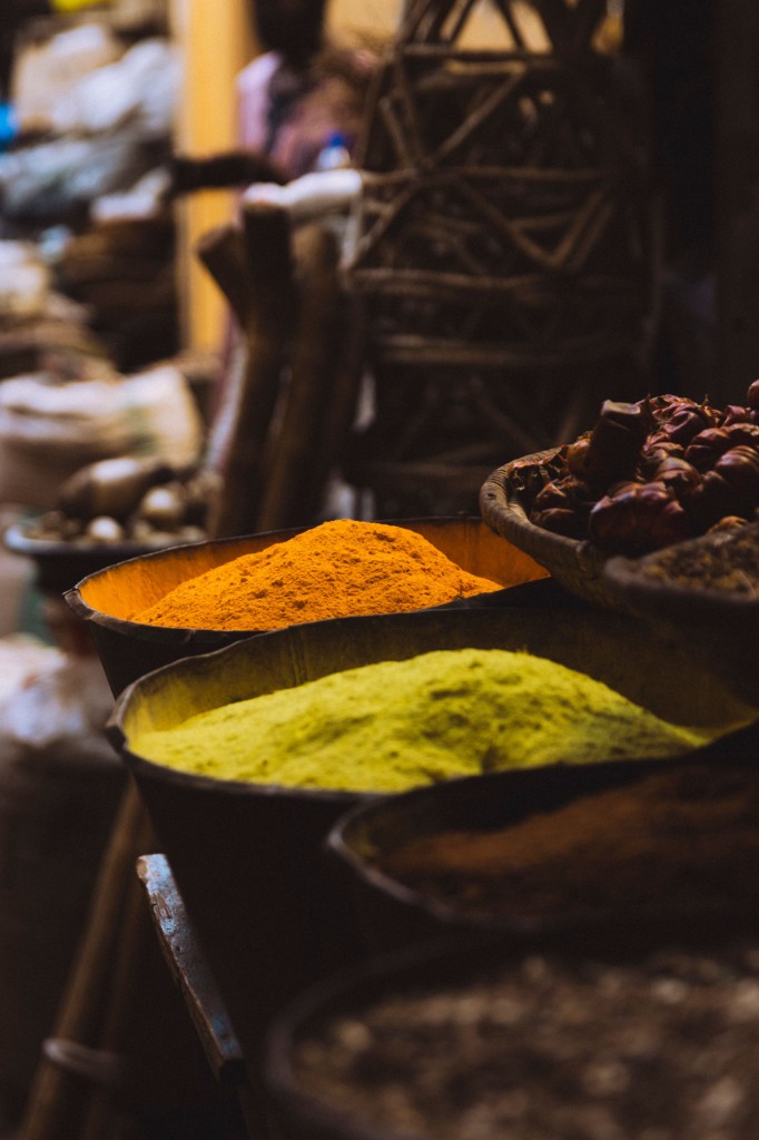Colourful spice powders at a Kerala market