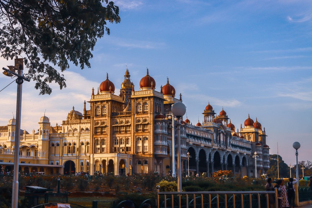 Mysore Palace illuminated at dusk