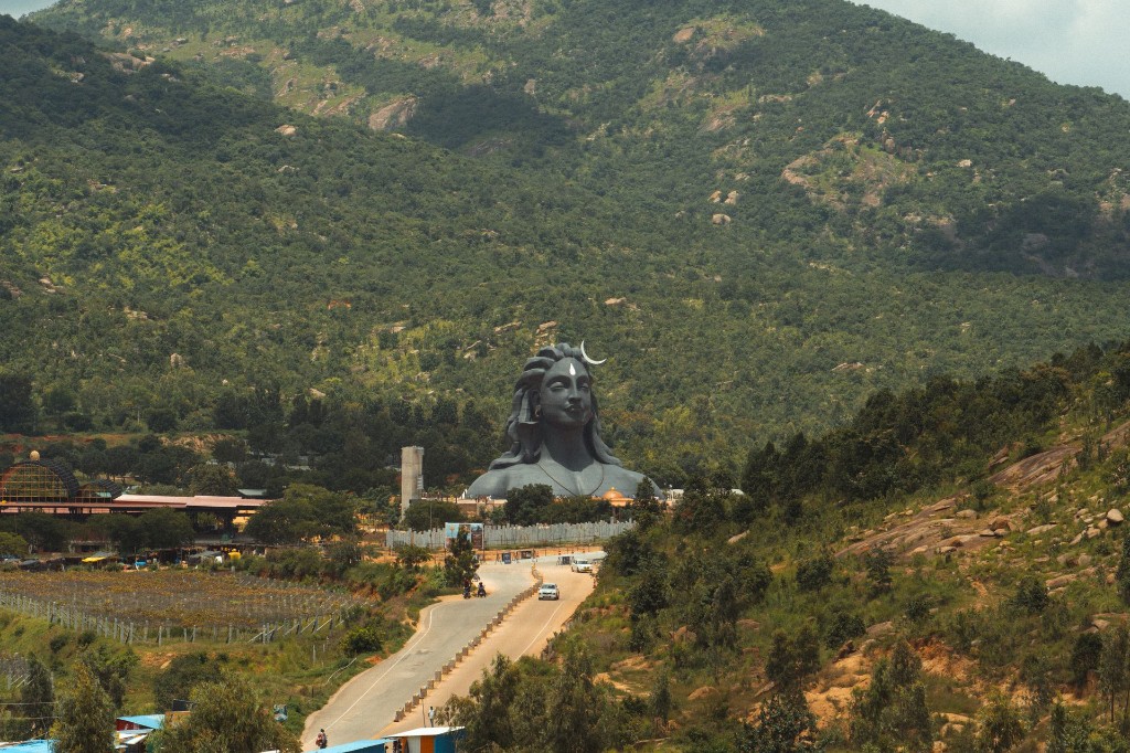 Adiyogi Shiva statue at Isha Foundation with Velliangiri mountains, Coimbatore