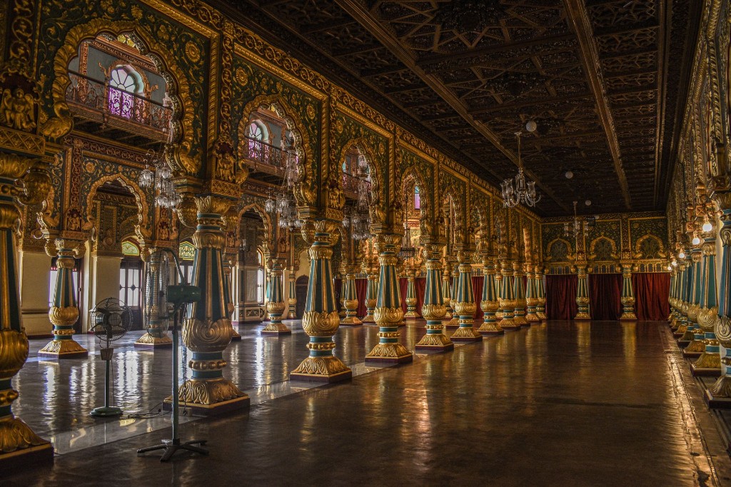 Mysore Palace Durbar Hall interior with gilded pillars